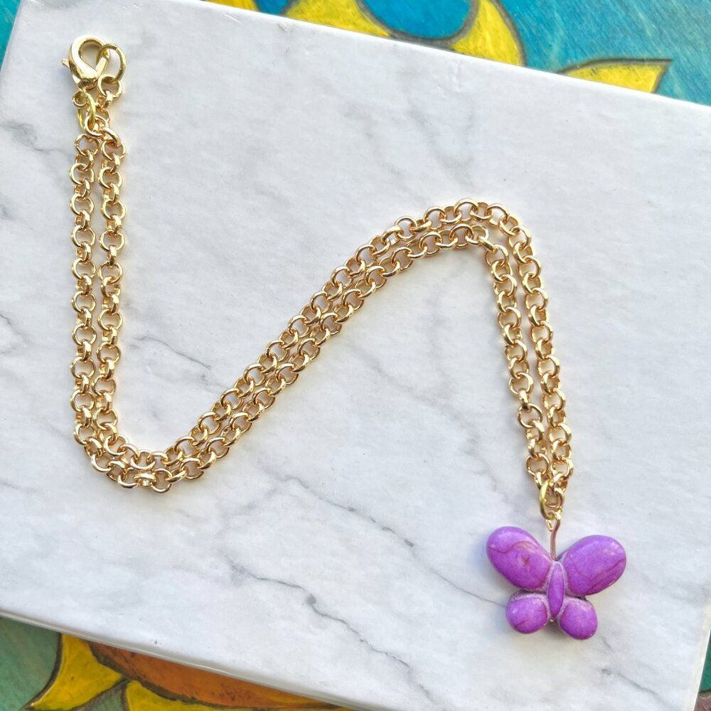 Purple Butterfly Charm Gold Chain Necklace